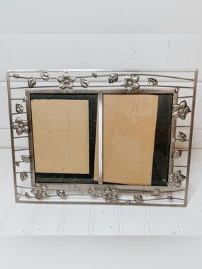 Vintage Pewter Floral Double Photo Picture Frame